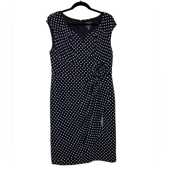 Adrianna Papell Faux Wrap‎ Cap Sleeve Polka Dot Dress with Rosette - Picture 1 of 6
